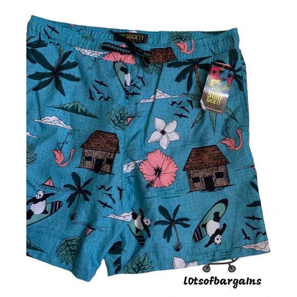 Surf Society Men's Size L Swim Trunks Shorts Palm Floral Panda Flamingos Nwt - Picture 9 of 9